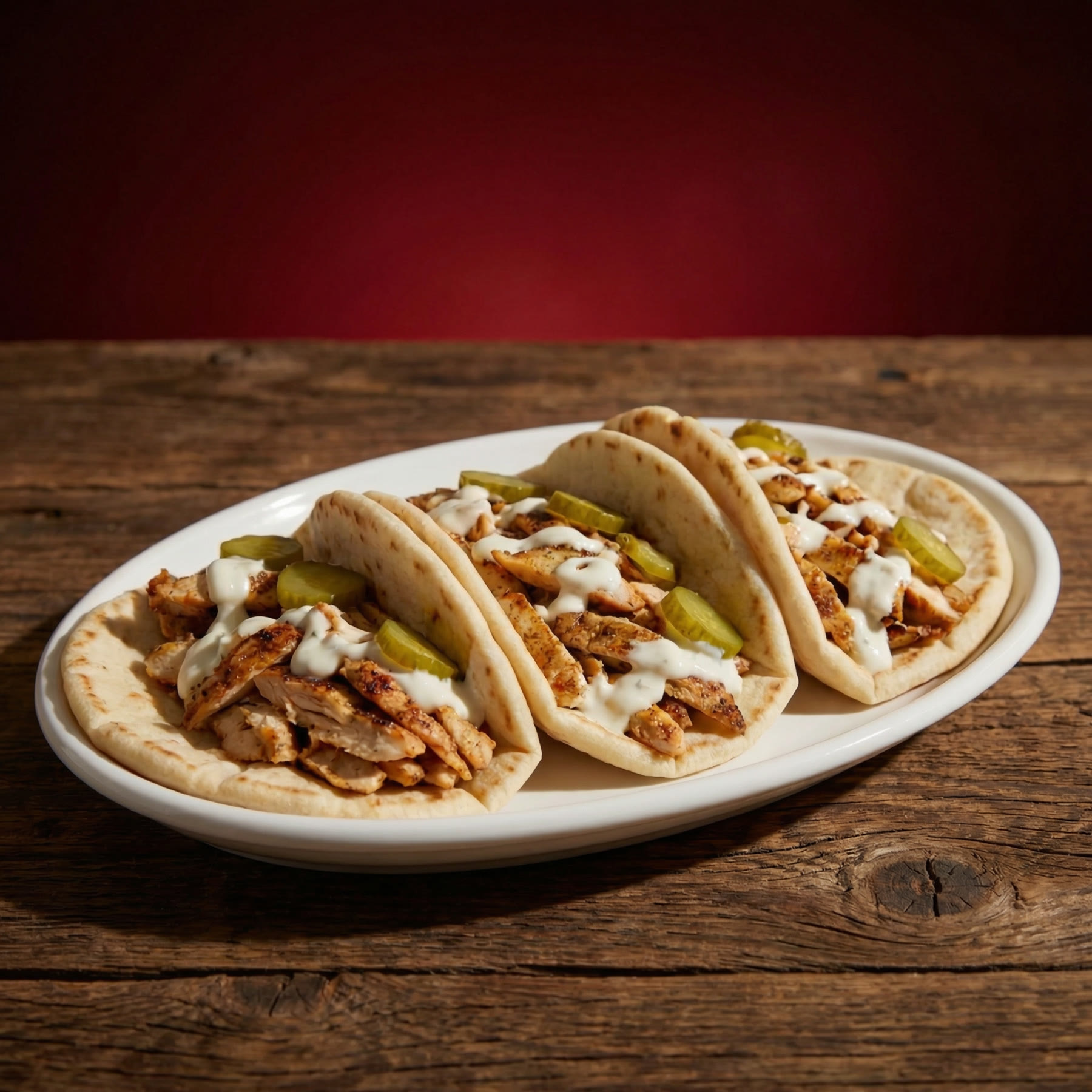 Arabian Shawarma — slow-roasted chicken wrapped in flatbread with garlic sauce and pickles