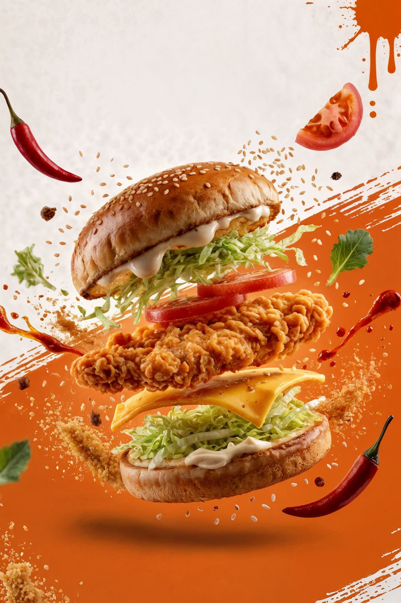 Lord Of Wraps signature deconstructed burger — exploding view with chili peppers, fresh tomato, melted cheese and our house sauce