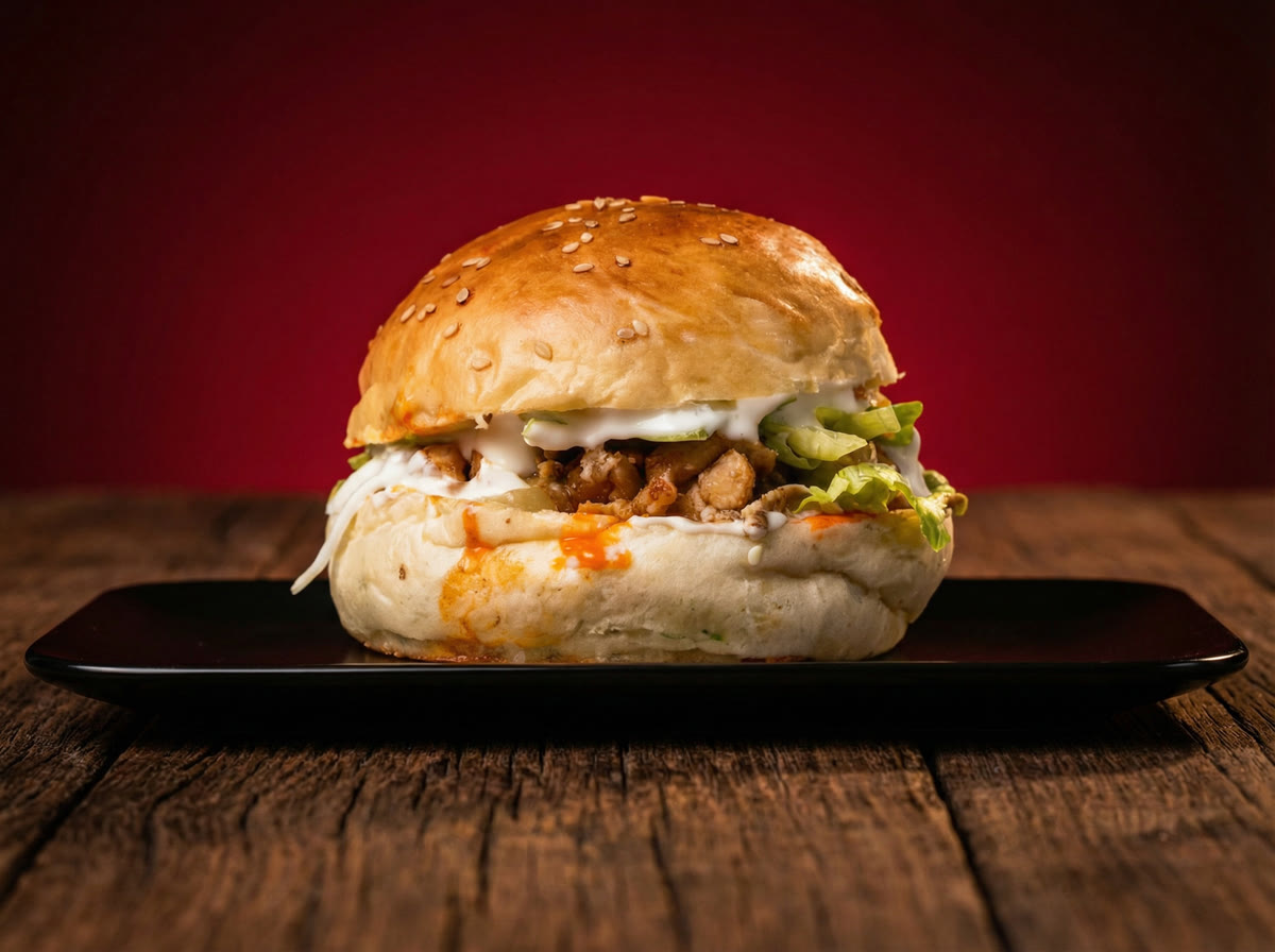 Lord Of Wraps burger — shawarma or tawa chicken, melted cheese, signature sauce on brioche