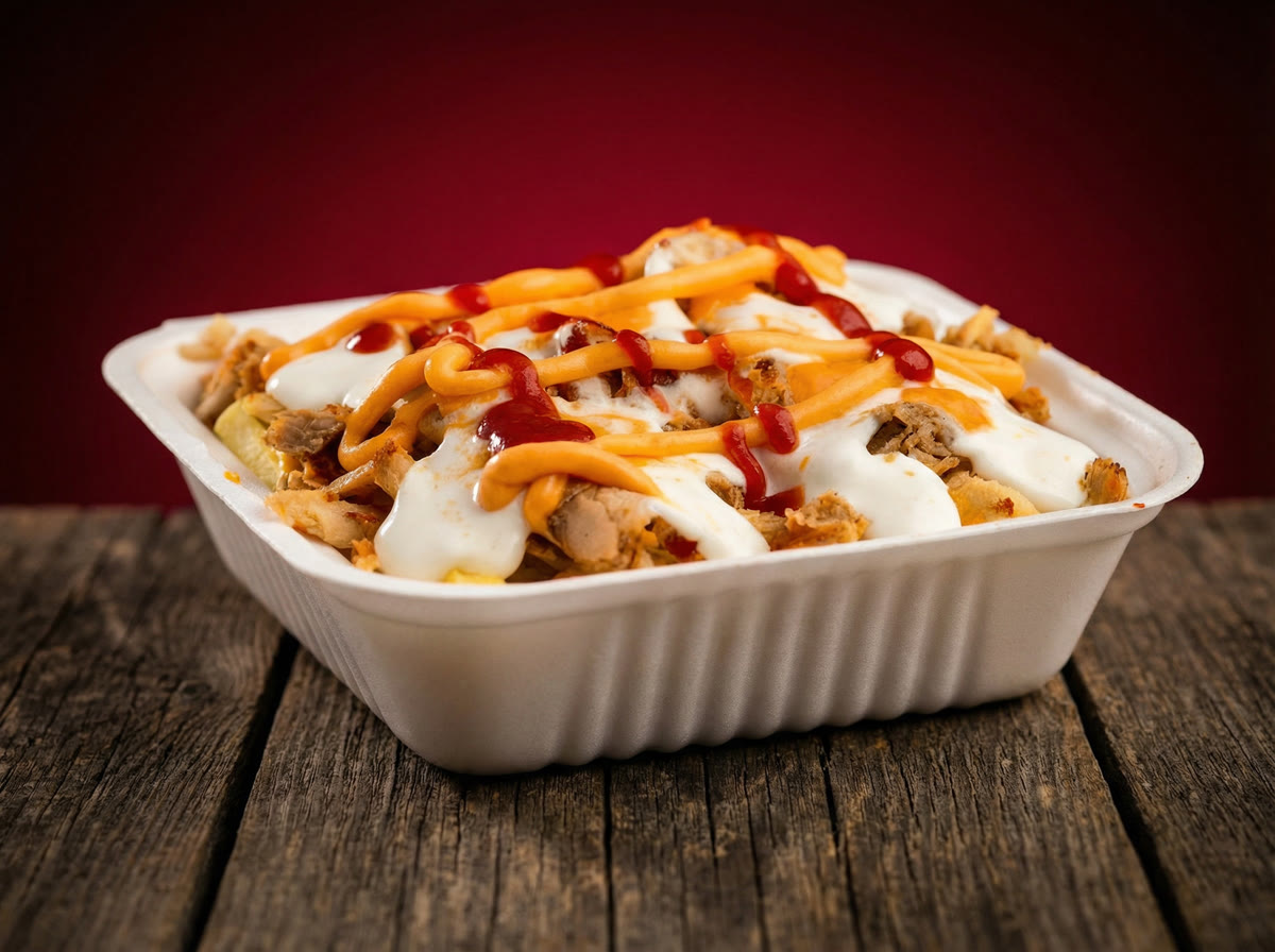 Chicken On Stixx — shawarma chicken pieces over French fries with three house sauces