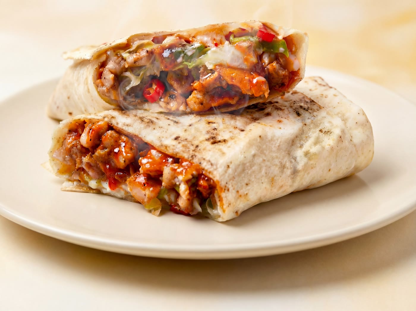 Lord Of Wraps Mexican Roll — tender chicken tossed in our signature sweet-and-spicy sauce with green peppers and red chilies, wrapped in a warm toasted tortilla