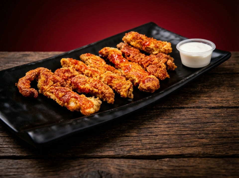 Lord Of Wraps chicken strips — golden, crispy, with choice of dip