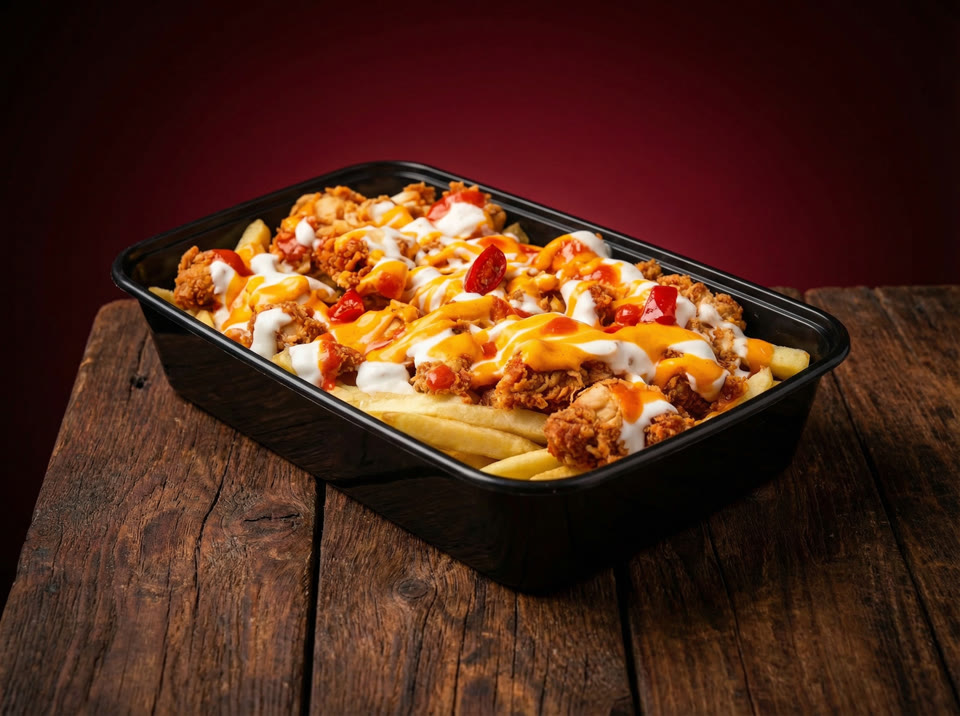 Zinger On Stixx — extra-crispy spicy chicken skewers over fries with fiery mayo