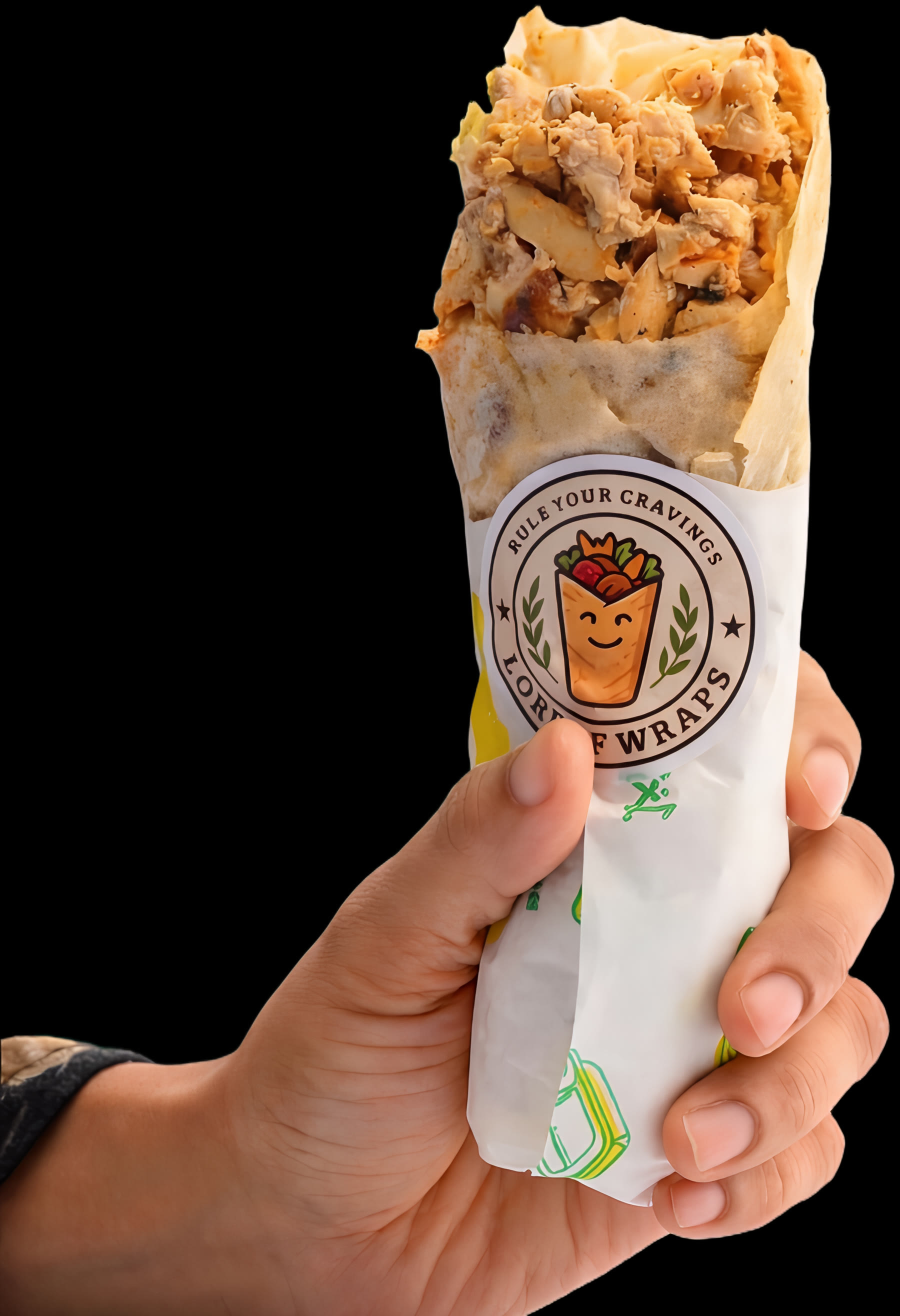 A hand holding a Lord Of Wraps wrap, branded paper and overflowing filling