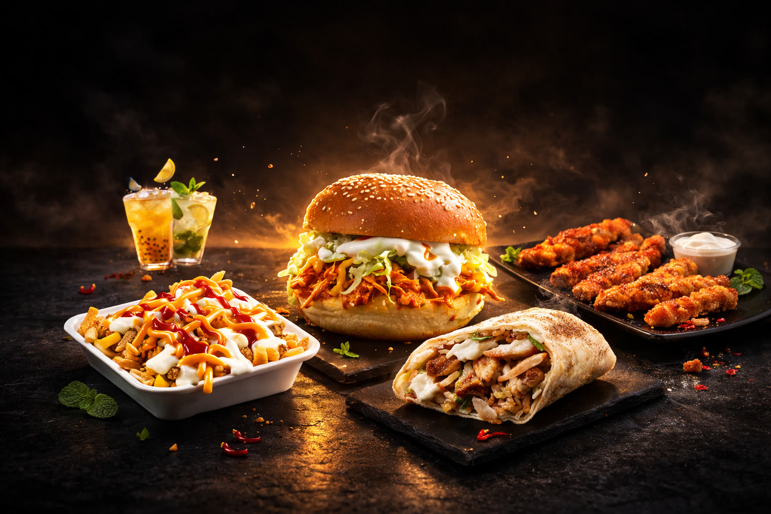 A full Lord Of Wraps platter spread on dark slate boards — loaded fries, shawarma burger, strips, wrap and a lemonade