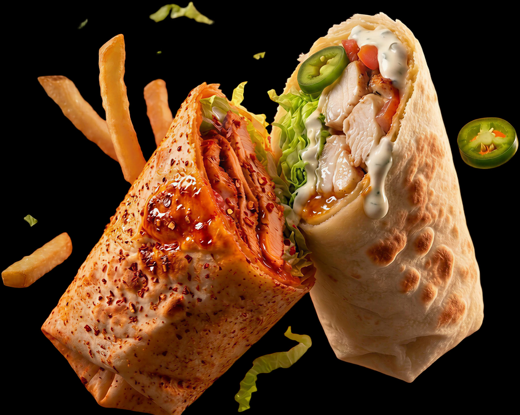 Two Lord Of Wraps wraps with spicy red sauce, golden fries and jalapeño on a black background